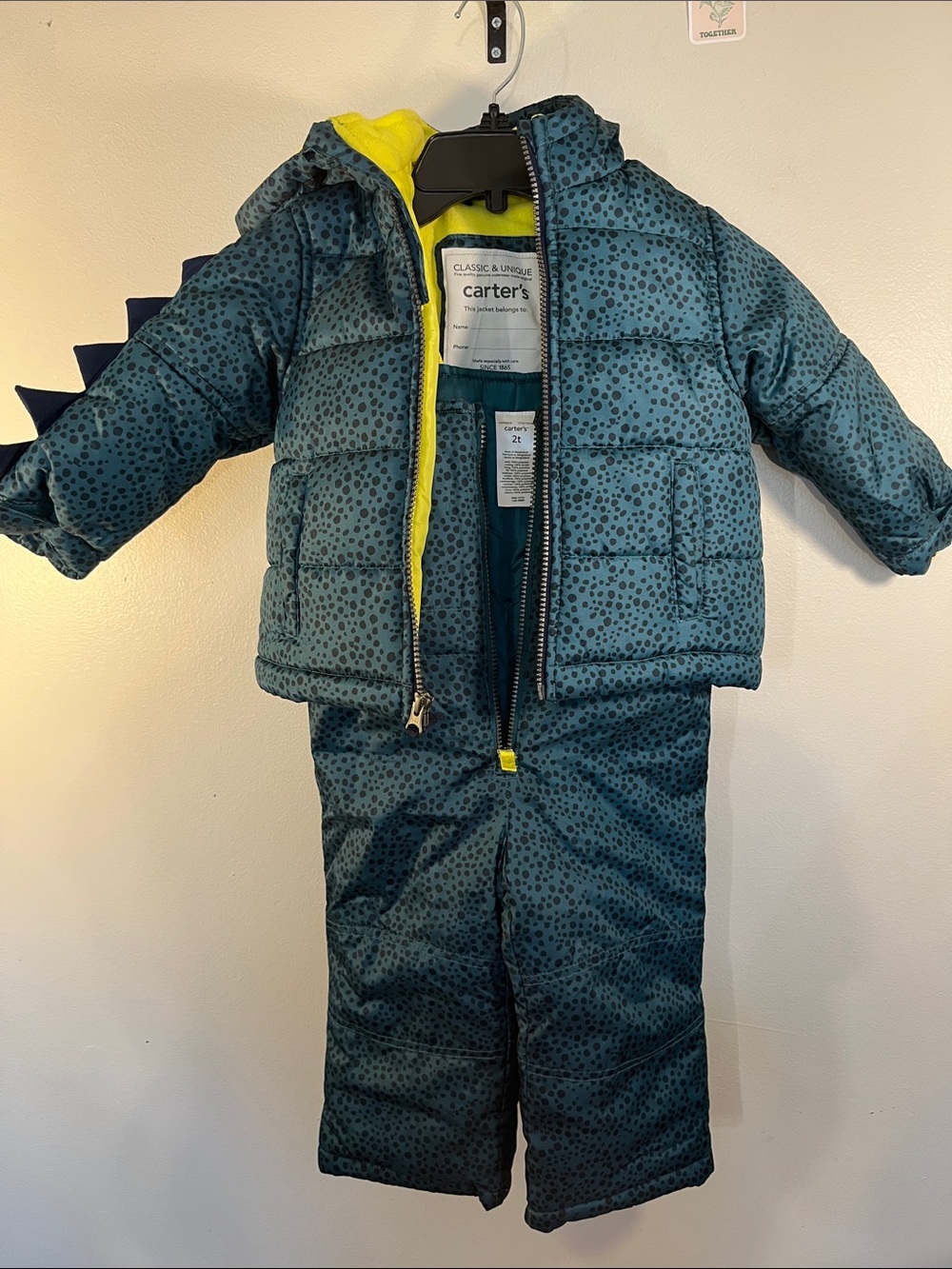 Carter's Teal Dot Puffer Jacket and Snow Pants Set with Yellow Lining